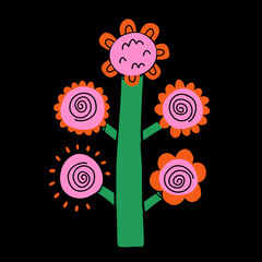 Vector illustration with abstract cute spring flower and leaves in flat cartoon style. Kids design, for fabric, wrapping, textile, wallpaper