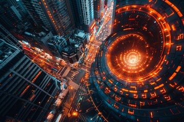 A top-down view of city streets at night featuring circular, glowing light patterns, evoking a...