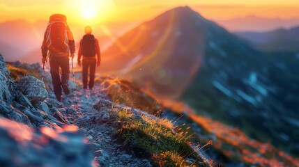 Obraz premium Hikers on the trail in the Carpathian mountains at sunset