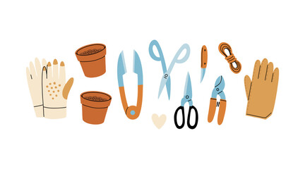 Obraz premium Set of gardening items in hand drawn cartoon style. Various agricultural and garden tools for spring work. Garden gloves, pots, scissors, rope and knife. Vector clip art illustration.