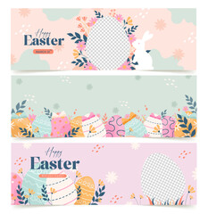 Happy Easter Set of Sale banners, greeting cards, posters, holiday covers. Trendy design with typography, hand painted plants, dots, eggs and bunny, in pastel colors. flat vector illustrations