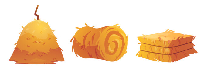 Hay stack and roll for farm design. Cartoon vector illustration set of bale straw pile for fodder and forage, countryside animals care or autumn harvest concept. Yellow agricultural rural haystack. © klyaksun