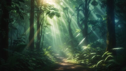 Dark rainforest, sun rays through the trees - obrazy, fototapety, plakaty