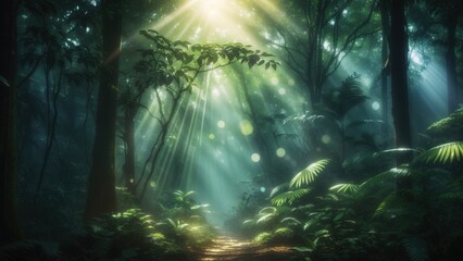 Obraz premium Dark rainforest, sun rays through the trees