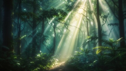 Fototapeta na wymiar Dark rainforest, sun rays through the trees