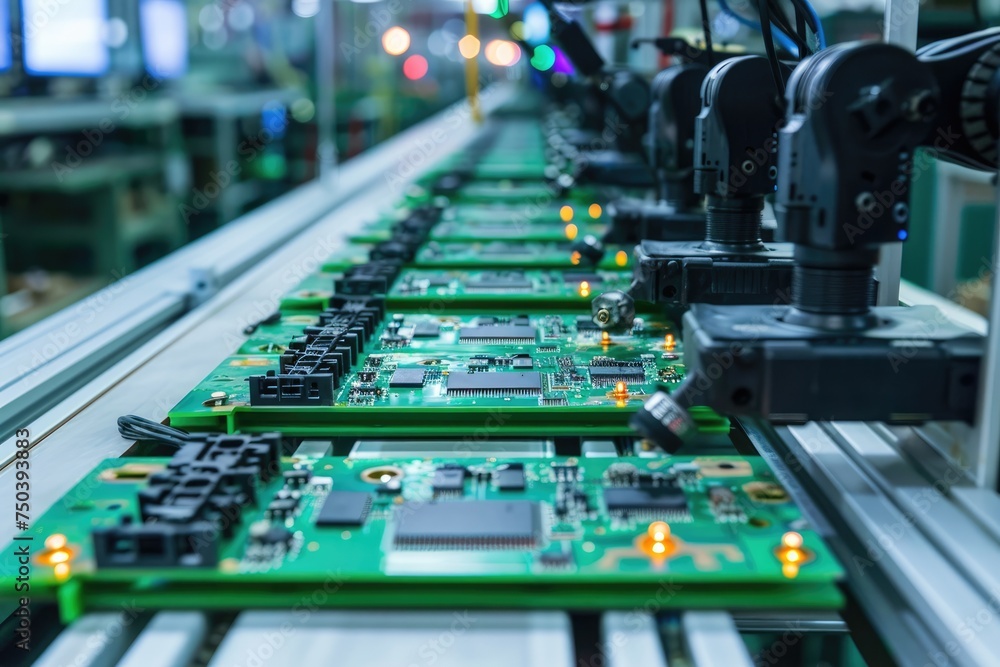 Aufkleber Printed circuit board assembly process. Conveyor with robotic arms in electronics factory. Semiconductor manufacturing industry
