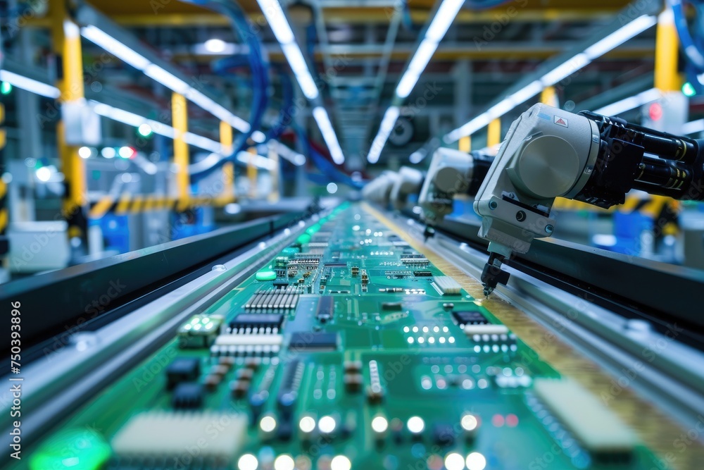 Poster Printed circuit board assembly process. Conveyor with robotic arms in electronics factory. Semiconductor manufacturing industry