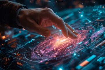 Close-up of a hand touching a futuristic holographic interface with dynamic data particles and light patterns. - obrazy, fototapety, plakaty