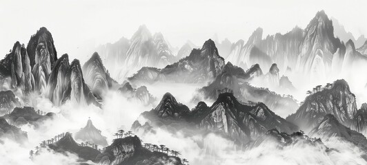 Fototapeta na wymiar Monochrome mountain vista. An ethereal Chinese ink-style landscape featuring misty mountain peaks and ancient pine trees, ideal for artistic wall displays or cultural publications.