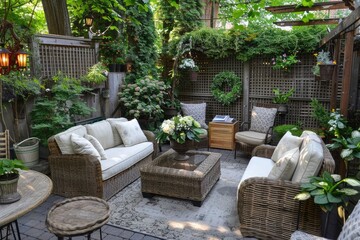 Cozy outdoor patio in a lush garden setting