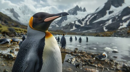 Fototapeta premium King Penguin among its colony in a snowy habitat
