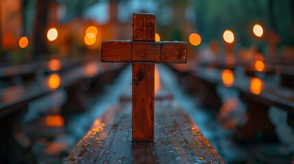 Wooden cross in the evening with bokeh
