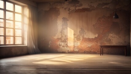 Abandoned building with distressed wall and curtain - obrazy, fototapety, plakaty