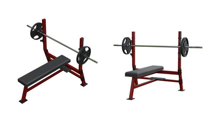 isolated bench press machine, render in 2 different angle, transparent background