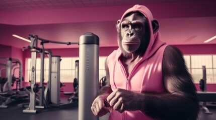 Monkey in the fitness club doing a workout. Chimpanzee in sport club
