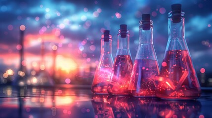 Illuminated Laboratory Glassware with Red Light Against Industrial Structures