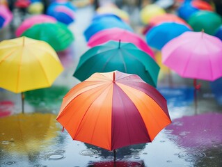 Colorful Umbrellas on Rainy Street Day, Vibrant Rain Protection Concept