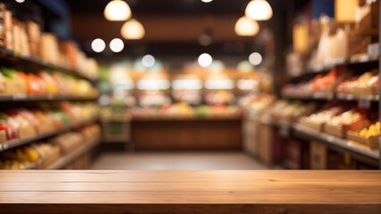 Empty wooden table with beautiful grocery store background