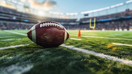 American Football Kickoff Game Start. Close-up Shot of an American Ball Standing on a Stadium Field Held by Professional Player. Preparation for Championship Game.