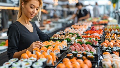 Obraz premium Woman Selecting Sushi in Japanese Restaurant
