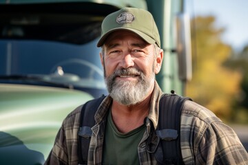Smiling truck driver in uniform driving commercial truck and making eye contact with camera