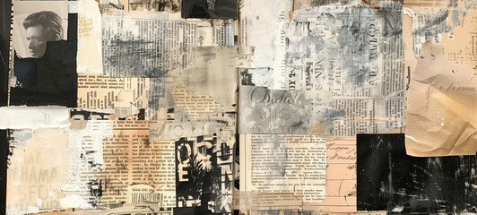 Abstract typographic collage. A panoramic view of overlapping newspaper clippings, handwritten notes, and various printed materials