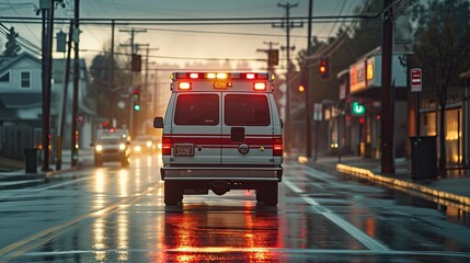 An ambulance seen from behind, drives alone down a street on a Sunday morning. copy space for text.