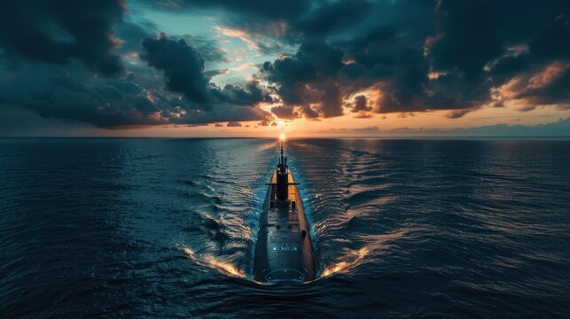A conventional military nuclear submarine floats in the middle of the ocean while firing an undersea torpedo missile. Wide banner with copy space