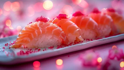 Fotobehang sushi on a white plate on a pink background with sparkles © Meow Creations