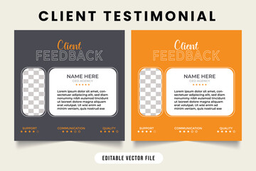 Client testimonial design with dark gray and yellow colors. customer feedback review or testimonial layout template for websites business. client testimonials vector with photo placeholder.