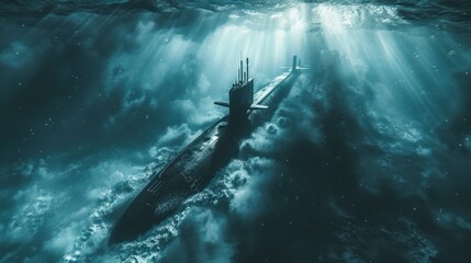 A conventional military nuclear submarine floats in the middle of the ocean while firing an undersea torpedo missile. Wide banner with copy space