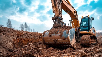 Backhoe working by digging soil at construction site. Bucket of backhoe digging soil. Crawler excavator digging on dirt. Excavating machine. Earth moving machine. Excavation vehicle.