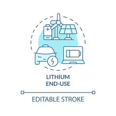 Lithium end-use soft blue concept icon. Consumer electronics, portable. Electric vehicle charging. Round shape line illustration. Abstract idea. Graphic design. Easy to use in brochure, booklet