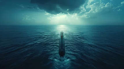 Foto op Plexiglas A conventional military nuclear submarine floats in the middle of the ocean while firing an undersea torpedo missile. Wide banner with copy space © sirisakboakaew