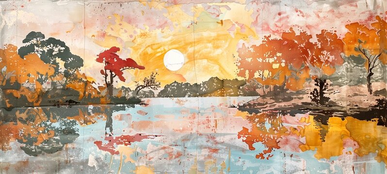 Abstract landscape banner. Artistic collage of trees, water reflections, and splashes of vibrant colors resembling a sunset scene. The concept is ideal for wall art or background design.