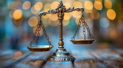 Scales of justice on a wooden table with bokeh background