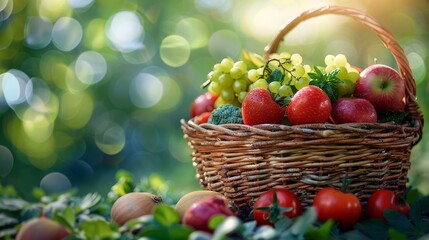 Basket of Fresh Fruits and Vegetables Outdoors