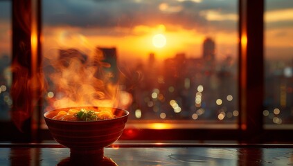 Steaming bowl of noodles against vibrant sunset cityscape