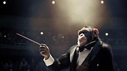 Monkey conductor conducts an orchestra. Chimpanzee conductor.