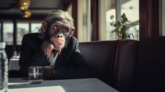 Monkey sits in a restaurant waiting for an order. Chimpanzee in restaurant