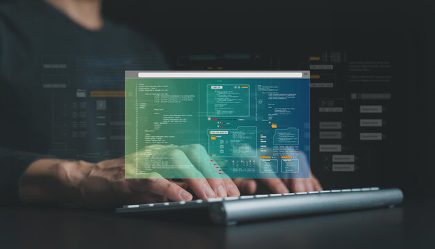 Computer software programmer or data engineering coding developer working on datum language. Information transformation development, blockchain database algorithm technology. Website programing design