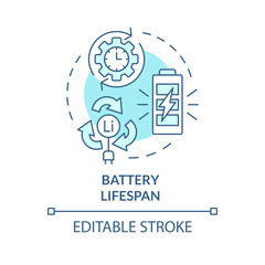 Battery lifespan soft blue concept icon. Lithium battery capacity. Charging evolution. Round shape line illustration. Abstract idea. Graphic design. Easy to use in brochure, booklet
