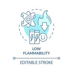 Low flammability soft blue concept icon. Lithium revolution, industry regulation. Environmentally friendly. Round shape line illustration. Abstract idea. Graphic design. Easy to use in brochure