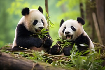 Panda bear happily munching on fresh bamboo stalks in the forest, A panda bears peacefully munching on bamboo in a lush forest, Ai generated. - obrazy, fototapety, plakaty