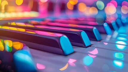 Close up of piano keyboard with colorful bokeh background, music concept