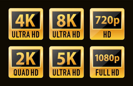 Ultra Hd icon collection. 8k Ultra Hd icon, 4k Ultra Hd, 2k quad Hd, Logo 480p SD, 720p HD, 1080p, vector TV screen quality. Resolution icon. Video size resolution icon. Vector illustration