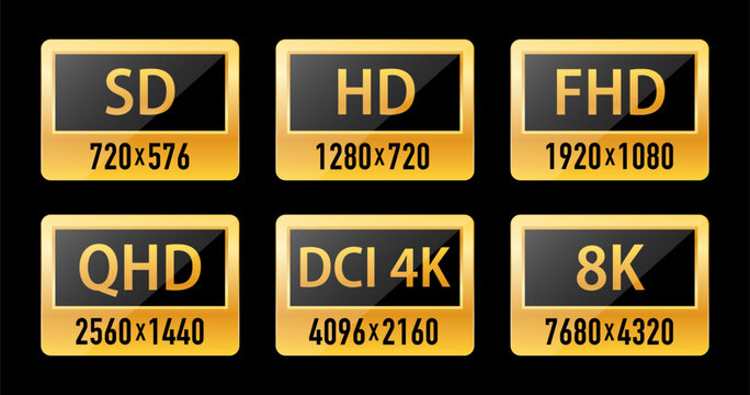 Ultra Hd icon collection. 8k Ultra Hd icon, SD, FHD, QHD, DCI 4k, Logo 480p SD, 720p HD, 1080p, vector TV screen quality. Resolution icon. Video size resolution icon. Vector illustration