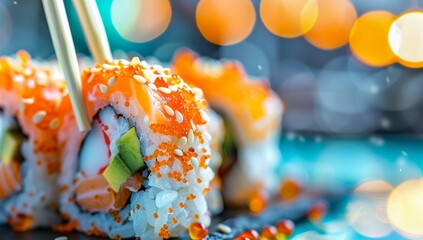 Naklejka premium Close up of delicious sushi roll garnished with sesame seeds