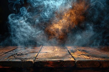 empty wooden table with smoke float up on bright background