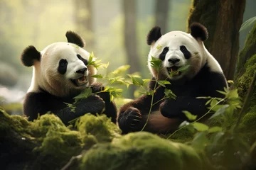 Tuinposter Panda bear happily munching on fresh bamboo stalks in the forest, A panda bears peacefully munching on bamboo in a lush forest, Ai generated. © Tanu